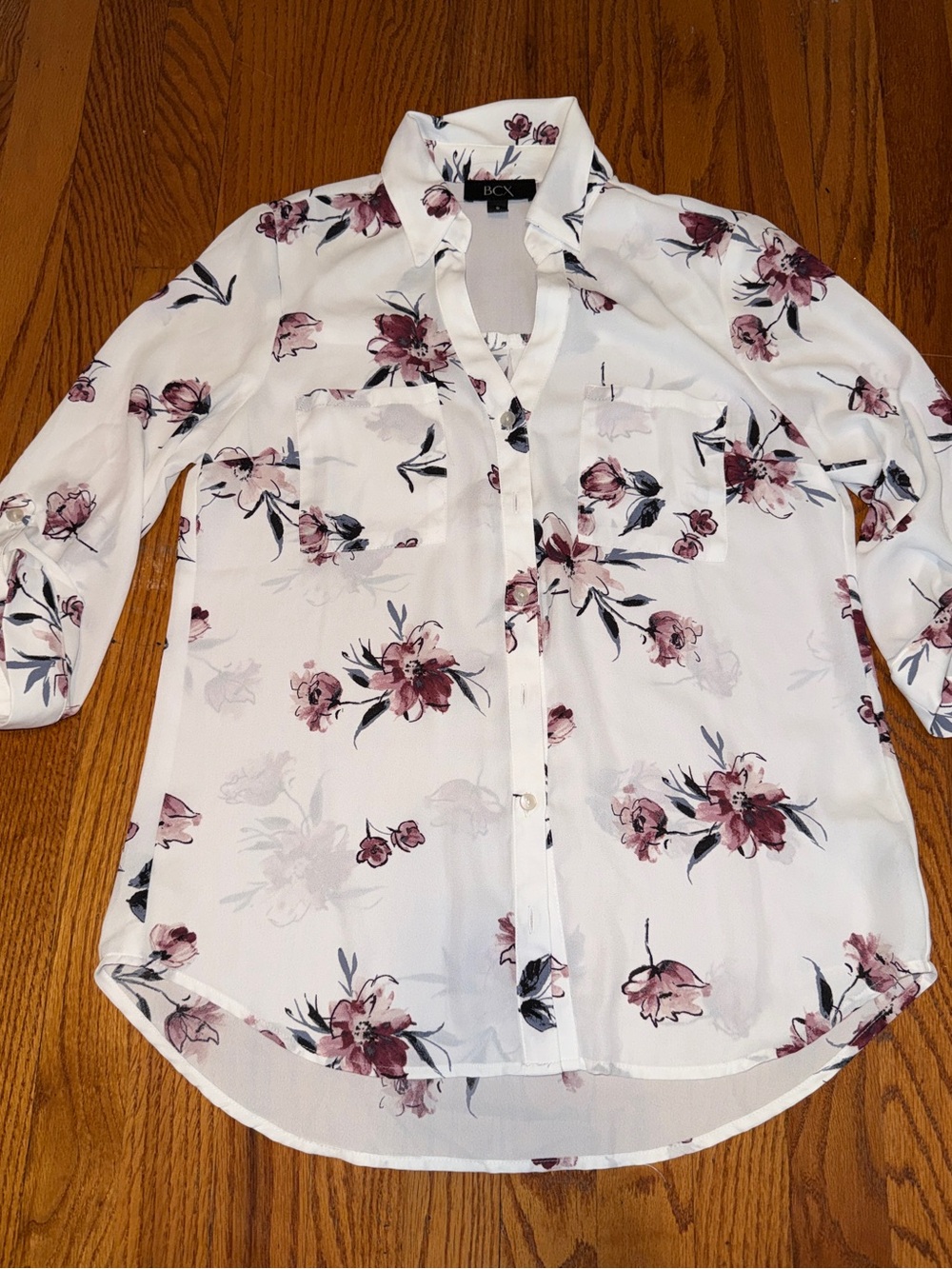 BCX White Floral Button-Up Blouse - Rose Floral Print